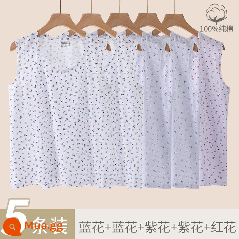 Áo vest nữ trung niên và cao tuổi cotton nguyên chất rời bà già bà nội bông mẹ đồ lót người già áo lót mùa hè phần mỏng - Hoa xanh + hoa xanh + hoa tím + hoa tím + hoa đỏ [năm mảnh 100% cotton]