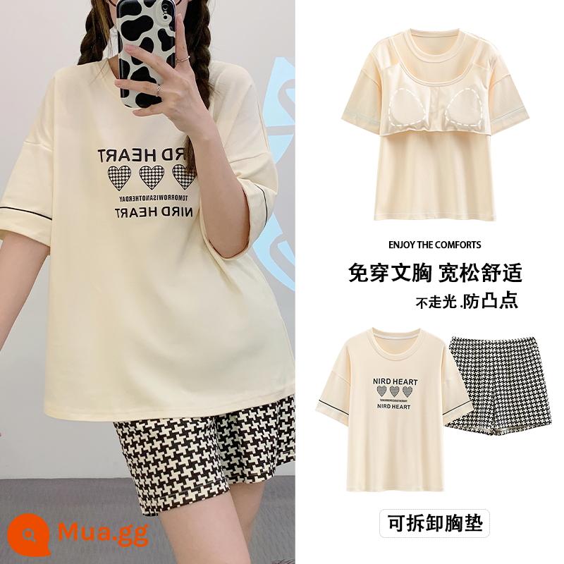 Bộ đồ ngủ có đệm ngực nữ ngắn tay cotton hè mẫu xuân thu 2023 bộ đồ mặc nhà mới mặc ngoài được - Ninh Triệt