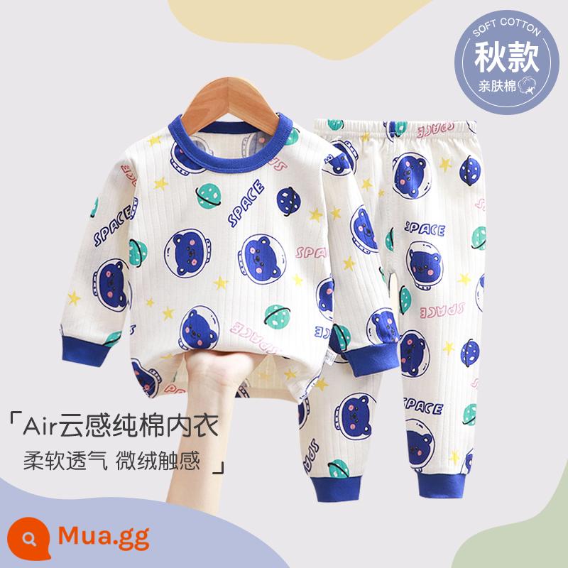 Bộ đồ ngủ trẻ em bé trai mùa hè cotton mỏng quần áo điều hòa bé trai và bé gái bộ quần áo mặc ở nhà xuân thu bé gái - gấu xanh không gian