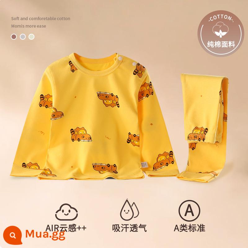 Bộ đồ ngủ trẻ em bé trai mùa hè cotton mỏng quần áo điều hòa bé trai và bé gái bộ quần áo mặc ở nhà xuân thu bé gái - xe gầm màu vàng