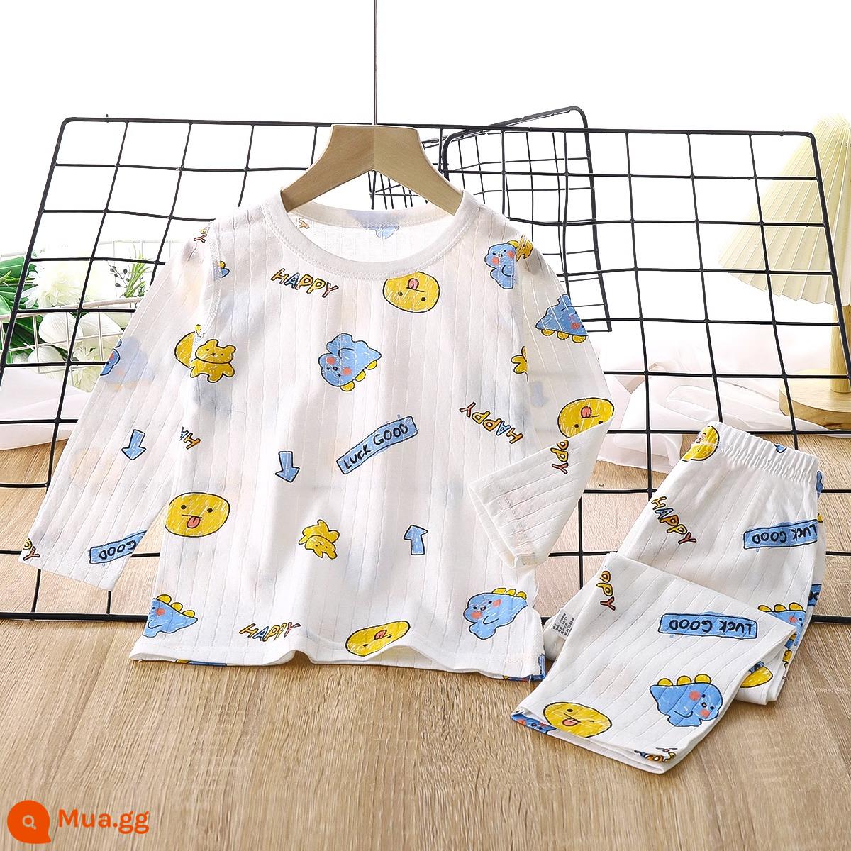 Bộ đồ ngủ trẻ em bé trai mùa hè cotton mỏng quần áo điều hòa bé trai và bé gái bộ quần áo mặc ở nhà xuân thu bé gái - khủng long nghịch ngợm