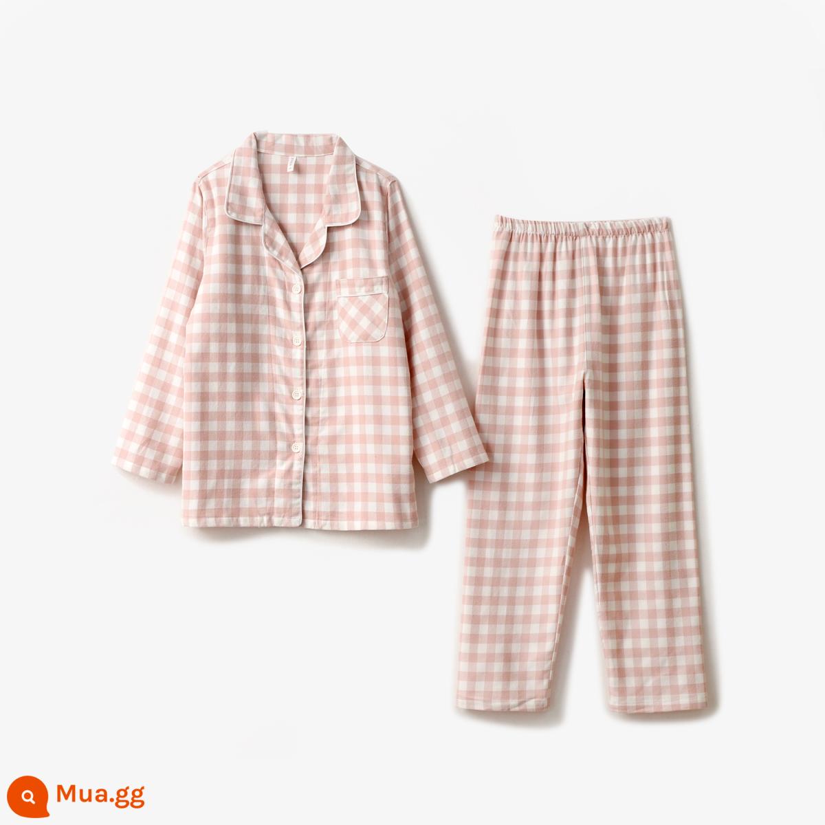 Đồ gia dụng Nhật Bản Bộ quần áo mặc ở nhà bằng cotton nguyên chất cho trẻ em Bộ đồ ngủ bé trai và bé gái Bộ đồ ngủ Quần trẻ trung và lớn Thu đông - Lưới màu hồng và trắng