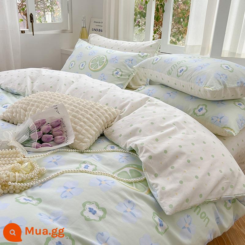 Cotton nguyên chất 4 mảnh 100 giường cotton 3 mảnh vỏ chăn ga trang bị ga trải giường ký túc xá sinh viên vỏ chăn mùa xuân 4 - Lemon Sweetheart [cotton thân thiện với da, thích hợp để ngủ khỏa thân]