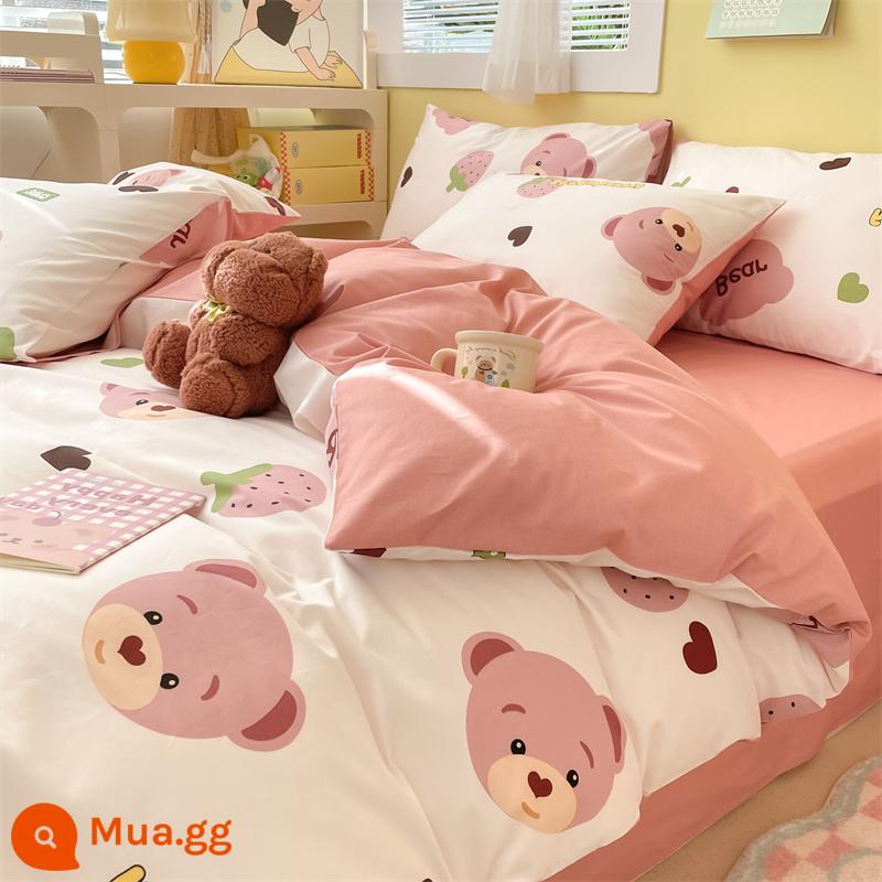 2023 Bộ bốn món cotton mùa thu đông mới cotton nguyên chất 100 cotton vỏ chăn vỏ chăn tấm trang bị tấm chăn ga gối đệm ba mảnh 4 - Gấu dâu