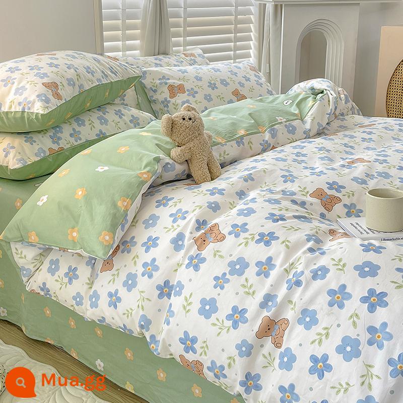 Cotton nguyên chất 4 mảnh 100 giường cotton 3 mảnh vỏ chăn ga trang bị ga trải giường ký túc xá sinh viên vỏ chăn mùa xuân 4 - Nectar Bear [bông thân thiện với da, thích hợp để ngủ khỏa thân]