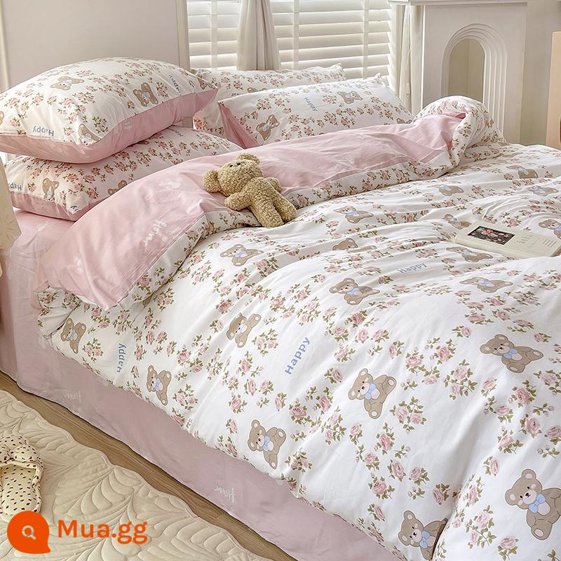 Cotton nguyên chất 4 mảnh 100 giường cotton 3 mảnh vỏ chăn ga trang bị ga trải giường ký túc xá sinh viên vỏ chăn mùa xuân 4 - Rose Bear [cotton thân thiện với da, thích hợp để ngủ khỏa thân]