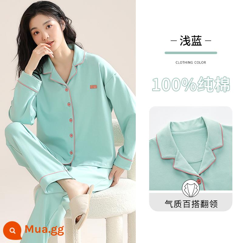 Mùa xuân và mùa thu cotton nguyên chất Bộ đồ ngủ nữ Bộ thu đông 2023 nhà mới mặc quần dài tay nữ màu trơn Bộ 2 món - Màu xanh nhạt [100% cotton]