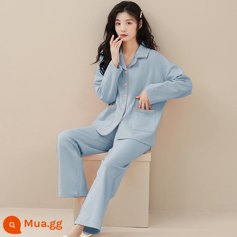 Bộ đồ ngủ cotton nguyên chất cho nữ xuân thu 2024 mới 100% cotton quần dài tay mỏng cỡ lớn rộng rãi mặc nhà thông thường - Hồ