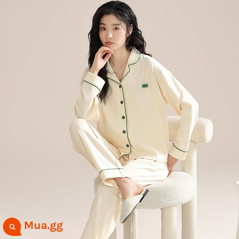 Bộ đồ ngủ cotton nguyên chất cho nữ xuân thu 2024 mới 100% cotton quần dài tay mỏng cỡ lớn rộng rãi mặc nhà thông thường - màu trắng ngọc dịu dàng