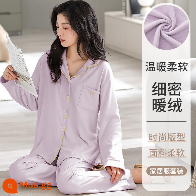 Mùa xuân và mùa thu cotton nguyên chất Bộ đồ ngủ nữ Bộ thu đông 2023 nhà mới mặc quần dài tay nữ màu trơn Bộ 2 món - 88549[Thân thiện với làn da và mềm mại][DeRong]