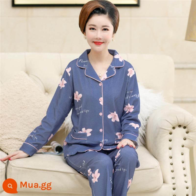 Bộ đồ ngủ cho nữ, bộ đồ dài tay cotton nguyên chất mùa xuân và mùa thu, cotton, bà mẹ trung niên và người già, cực lớn, mỏng, có thể mặc bên ngoài, quần áo ở nhà, mùa hè - Xanh hoàng gia TF-1919 #cotton nguyên chất