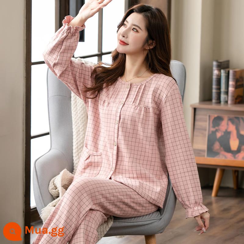 Bộ đồ ngủ cho nữ, bộ đồ dài tay cotton nguyên chất mùa xuân và mùa thu, cotton, bà mẹ trung niên và người già, cực lớn, mỏng, có thể mặc bên ngoài, quần áo ở nhà, mùa hè - MT8323 cổ tròn màu vàng nhạt#cotton nguyên chất