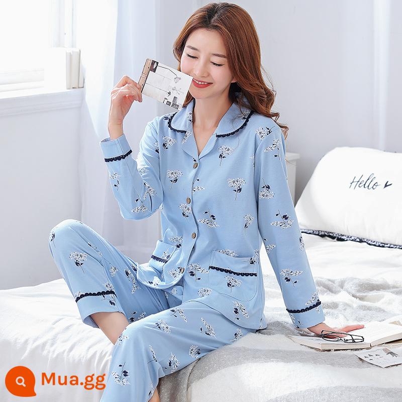 Bộ đồ ngủ cho nữ, bộ đồ dài tay cotton nguyên chất mùa xuân và mùa thu, cotton, bà mẹ trung niên và người già, cực lớn, mỏng, có thể mặc bên ngoài, quần áo ở nhà, mùa hè - M1808# bông nguyên chất, chất lượng tốt nhất ngành - ảnh chính