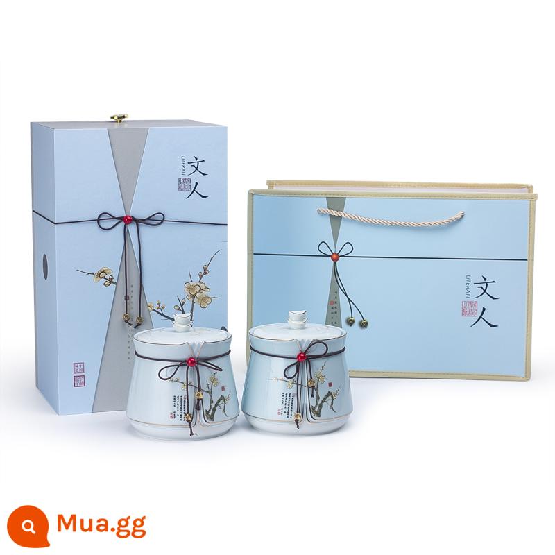 Dingyi Literati Tea Caddy Hộp quà tặng bằng gốm Bao bì Bán buôn Hộp trà tùy chỉnh Caddy trà Lễ hội mùa xuân Trà đạo Trang trí cao cấp - 113 Hộp quà tặng đôi nhỏ màu xanh nhạt văn học