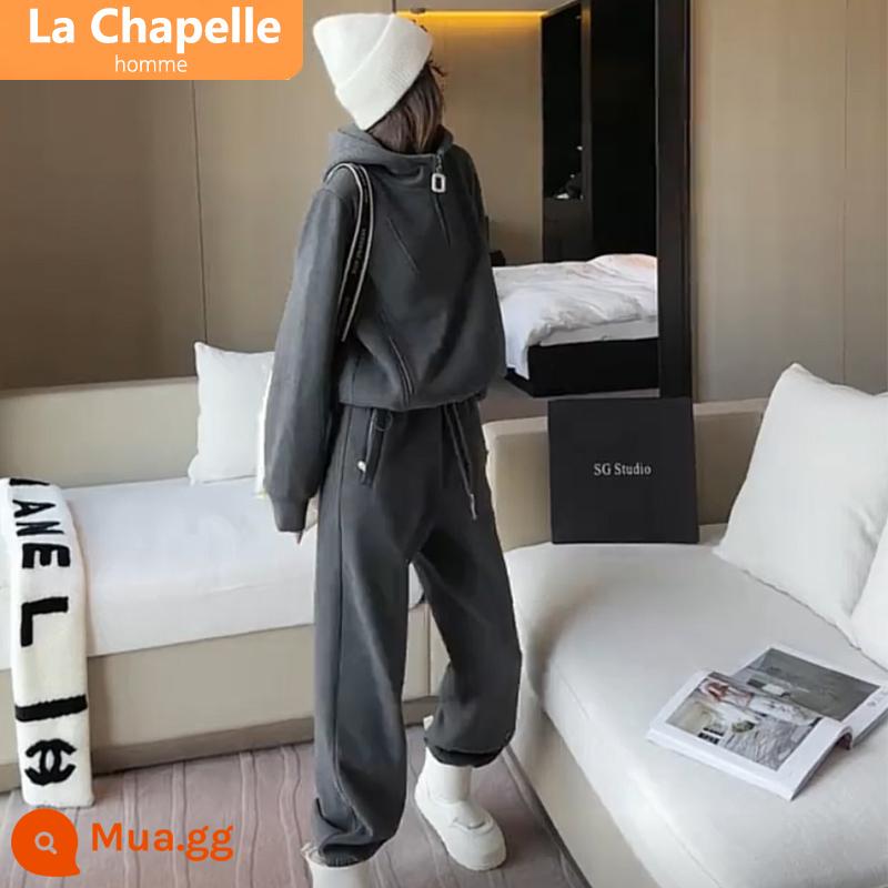 Bộ đồ thể thao thông thường La Chapelle nữ mùa thu đông 2023 phong cách mới Áo thun cotton dày dặn phong cách hot được ưa chuộng năm nay - Bộ đồ hai mảnh màu xám [nhung cáo bạc tổng hợp]