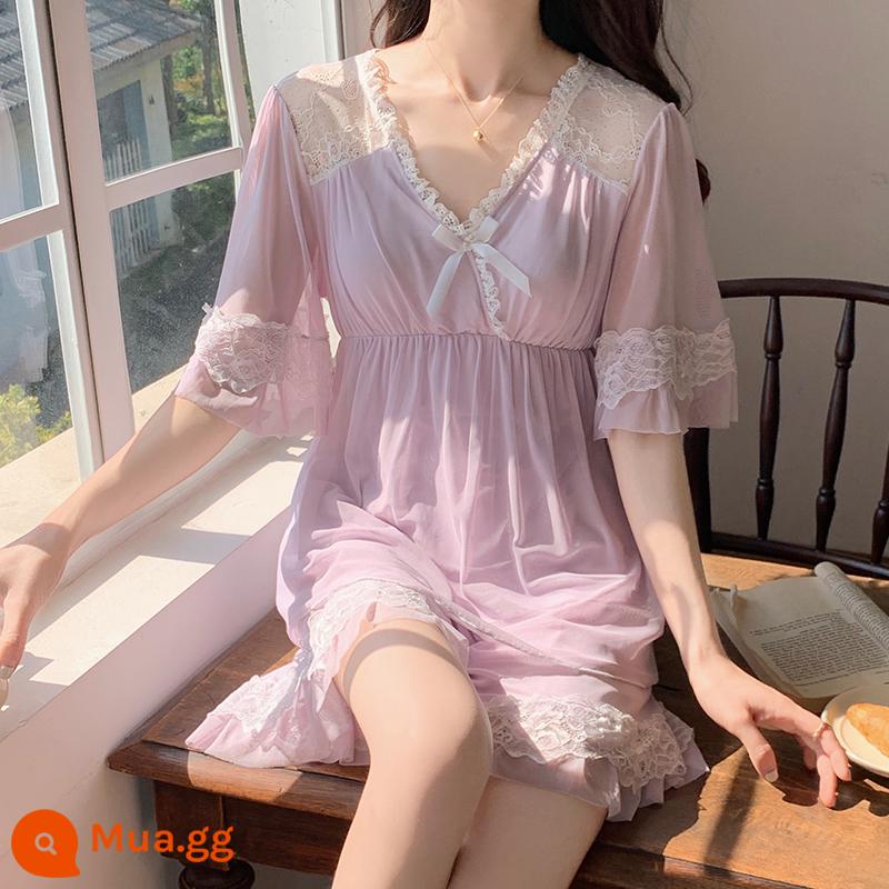 Xuân Thu Modal cotton dài tay quần ren ngọt ngào phong cách công chúa cổ tích thường ngày 2 bộ trang phục dành cho nữ - 524# Tím [Quần short tay ngắn] có miếng đệm ngực