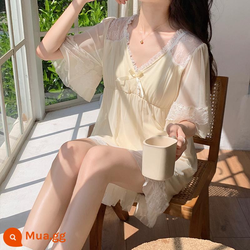 Xuân Thu Modal cotton dài tay quần ren ngọt ngào phong cách công chúa cổ tích thường ngày 2 bộ trang phục dành cho nữ - 524# Champagne [quần short ngắn tay] có đệm ngực