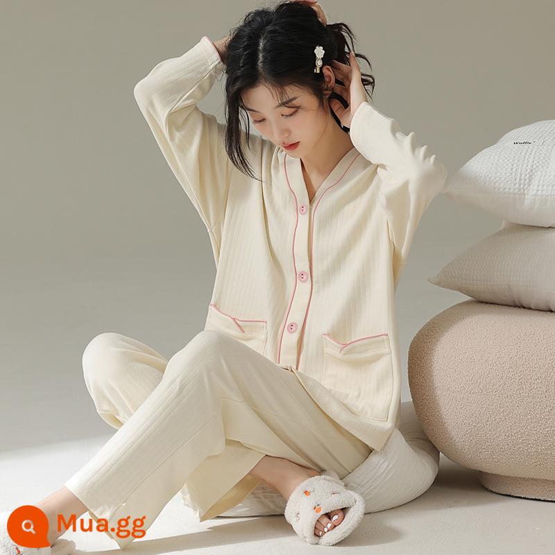 Bộ đồ ngủ thoải mái cho nữ mùa xuân và mùa thu phiên bản Hàn Quốc của quần dài tay cotton nguyên chất dễ thương, bộ đồ hai mảnh mỏng thời trang giản dị - 34485#