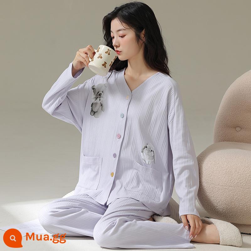 Bộ đồ ngủ thoải mái cho nữ mùa xuân và mùa thu phiên bản Hàn Quốc của quần dài tay cotton nguyên chất dễ thương, bộ đồ hai mảnh mỏng thời trang giản dị - 34520#