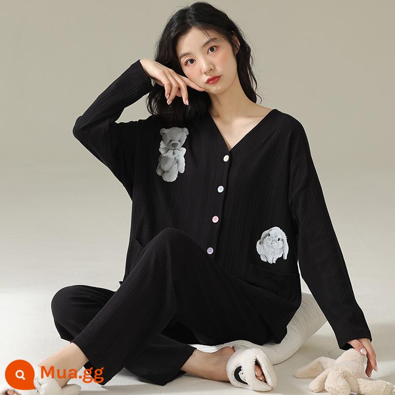 Bộ đồ ngủ thoải mái cho nữ mùa xuân và mùa thu phiên bản Hàn Quốc của quần dài tay cotton nguyên chất dễ thương, bộ đồ hai mảnh mỏng thời trang giản dị - 34521#