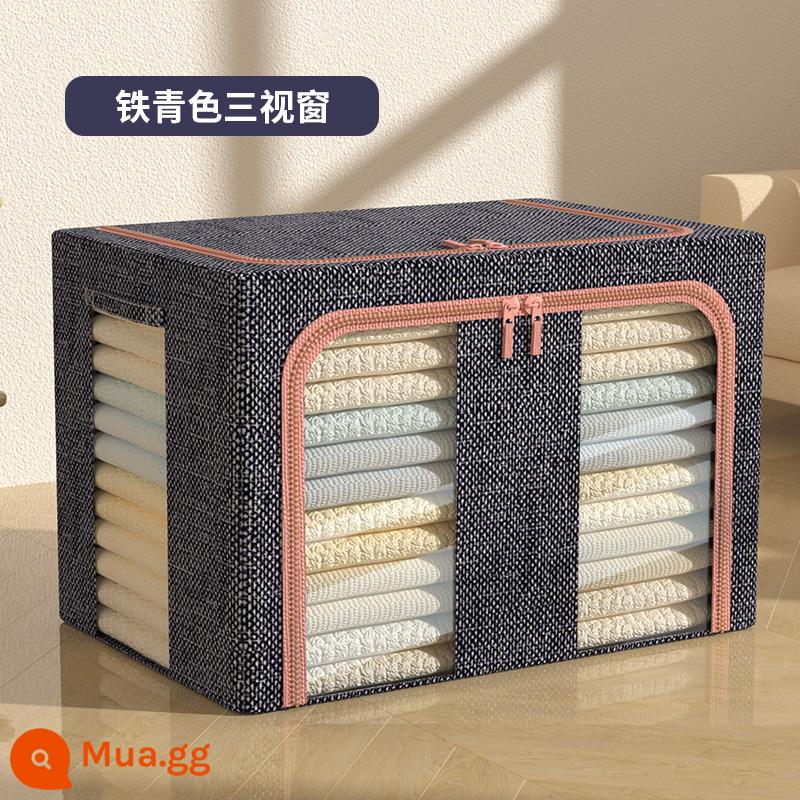 Dày cotton và lanh quần áo hộp bảo quản quần áo hộ gia đình hoàn thiện hộp chăn giỏ túi hiện vật công suất lớn gấp hộp - Ba cửa sổ sắt xanh [bông và vải lanh]