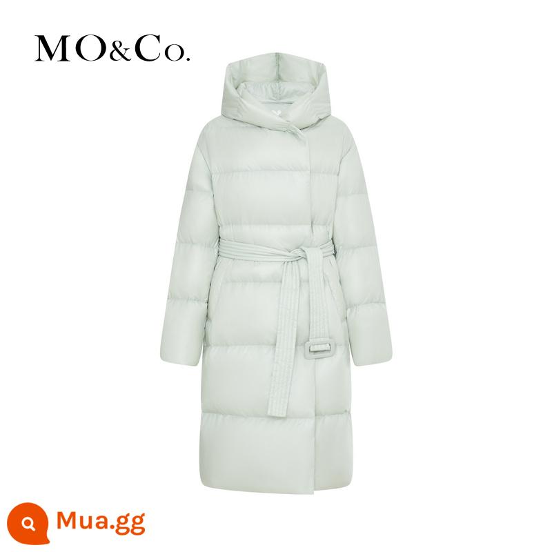 [90% Goose Down] MOCO2023 Áo khoác dài có mũ trùm đầu mùa đông mới dành cho nữ (có thắt lưng) - sông băng xanh