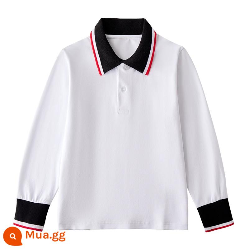 Áo sơ mi Polo trẻ em dài tay có cổ áo thun mùa xuân thu trung và lớn cho bé trai cotton nguyên chất màu trắng đáy áo sơ mi đồng phục học sinh tiểu học nữ - Sơ mi polo cổ trắng đen đỏ