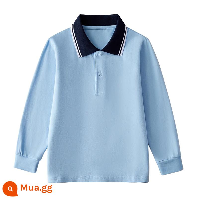 Áo sơ mi Polo trẻ em dài tay có cổ áo thun mùa xuân thu trung và lớn cho bé trai cotton nguyên chất màu trắng đáy áo sơ mi đồng phục học sinh tiểu học nữ - Sơ mi polo cổ xanh đen