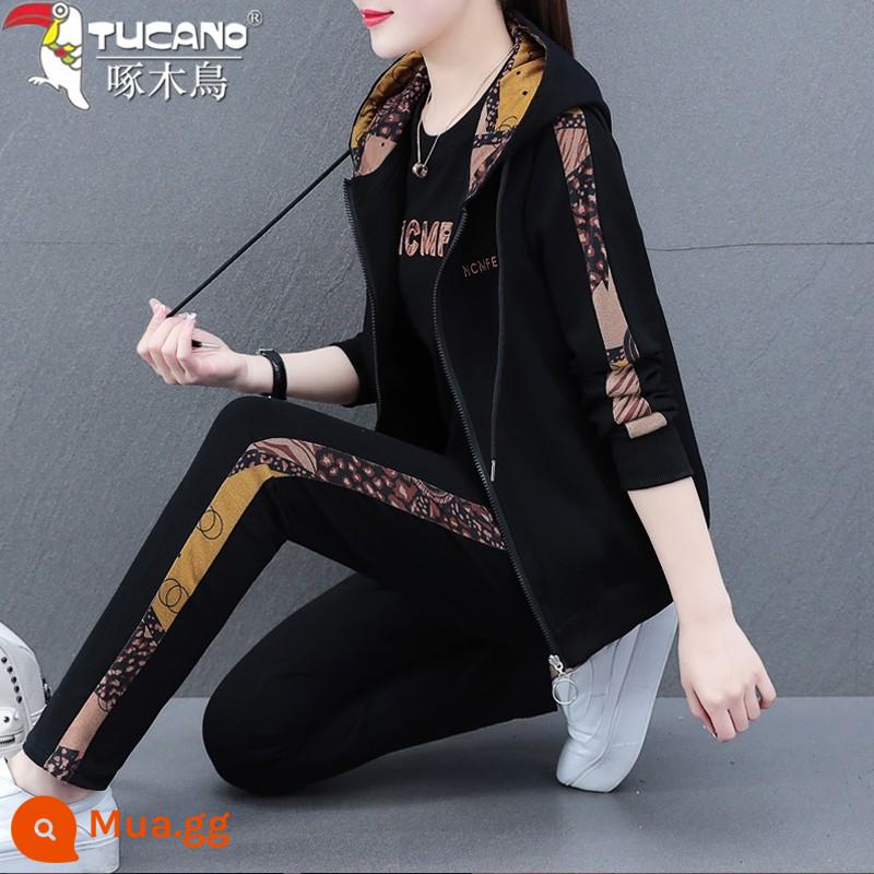 Chim Gõ Kiến Cotton Nguyên Chất Bộ Đồ Thể Thao Nữ Xuân Thu 2022 Mùa Thu Mới Dáng Rộng Áo Giảm Tuổi Ba Bộ Đồ - Đen [bộ ba món]