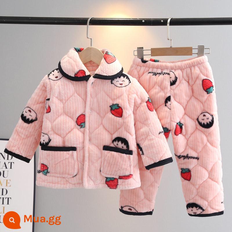 Bộ đồ ngủ mùa đông trẻ em flannel ba lớp dày phù hợp với bé trai và bé gái quần áo ấm áp cho trẻ em trung niên trở lên - hoàng tử dâu tây