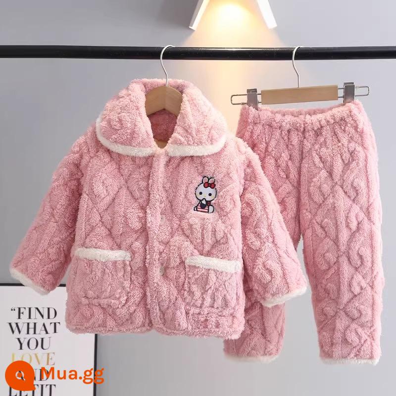 Bộ đồ ngủ mùa đông trẻ em flannel ba lớp dày phù hợp với bé trai và bé gái quần áo ấm áp cho trẻ em trung niên trở lên - Vòng xoắn thỏ hồng