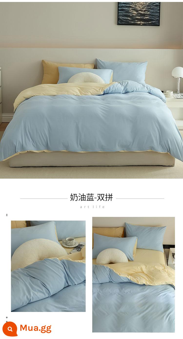 Bộ 4 mảnh cotton Tianzhu dệt kim loại A dành cho trẻ em cotton nguyên chất 100 cotton ga trải giường đơn giản được trang bị ga trải giường - Phép thuật đôi màu xanh kem