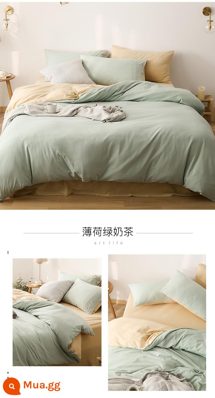 Bộ 4 mảnh cotton Tianzhu dệt kim loại A dành cho trẻ em cotton nguyên chất 100 cotton ga trải giường đơn giản được trang bị ga trải giường - Trà sữa bạc hà xanh