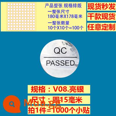 Giấy chứng nhận kiểm định Kiểm định viên QCPASSED sản phẩm đủ tiêu chuẩn nhãn kiểm tra chất lượng laser câm bạc sáng bạc - 8 viên tròn bạc sáng dán 15-QCPASSED-1000
