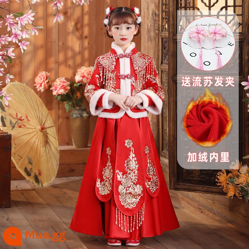 Quần áo mùa đông cho bé gái Hanfu Quần áo đêm giao thừa cho bé gái cộng với nhung Phong cách Trung Quốc Tết Nguyên đán Đường Bộ đồ mùa đông Váy mùa đông Trang phục năm mới của trẻ em - 32 màu đỏ (cộng nhung) + kẹp tóc tua rua