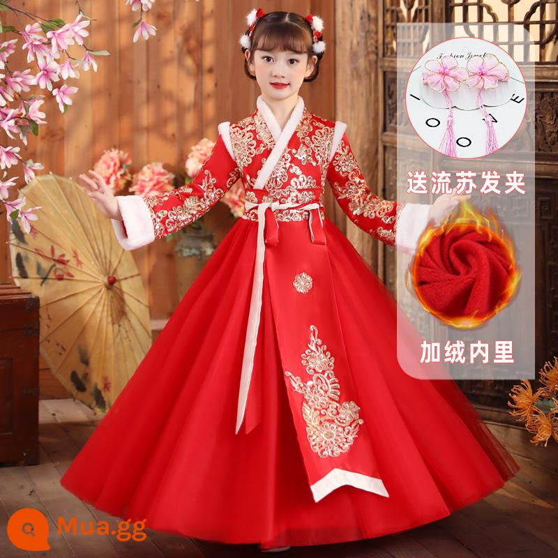 Quần áo mùa đông cho bé gái Hanfu Quần áo đêm giao thừa cho bé gái cộng với nhung Phong cách Trung Quốc Tết Nguyên đán Đường Bộ đồ mùa đông Váy mùa đông Trang phục năm mới của trẻ em - Màu đỏ (cộng với nhung) + kẹp tóc tua rua