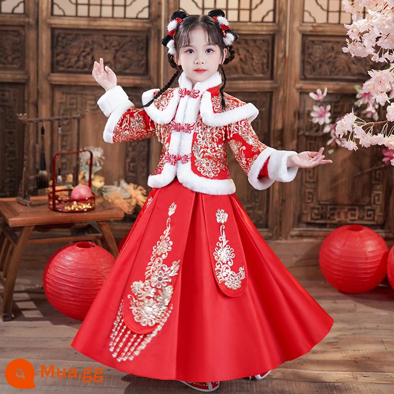 Quần áo mùa đông cho bé gái Hanfu Quần áo đêm giao thừa cho bé gái cộng với nhung Phong cách Trung Quốc Tết Nguyên đán Đường Bộ đồ mùa đông Váy mùa đông Trang phục năm mới của trẻ em - Lông đỏ (áo có đệm bông + váy nhung) + kẹp tóc tua rua