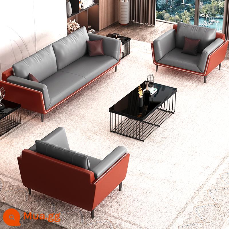 Ghế sofa văn phòng bằng da đơn giản tiếp tân doanh nghiệp ông chủ khu vực tiếp tân văn phòng kết hợp bàn cà phê hiện đại giản dị - 1+1+3 [Xám đậm + Cam đậm] Da Napaxi (không có bàn cà phê)