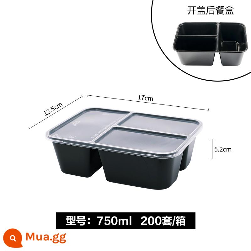 500/650/750Ml Hộp Cơm Trưa Hình Chữ Nhật Ba Ngăn Dùng Một Lần Giao Hàng Bao Bì Hộp Đen Trong Suốt Hộp Thức Ăn Nhanh - 750ml [ba ngăn chữ nhật] đen (200 bộ)