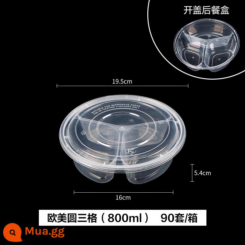 500/650/750Ml Hộp Cơm Trưa Hình Chữ Nhật Ba Ngăn Dùng Một Lần Giao Hàng Bao Bì Hộp Đen Trong Suốt Hộp Thức Ăn Nhanh - Bộ 90 khung trong suốt ba khung tròn châu Âu và Mỹ