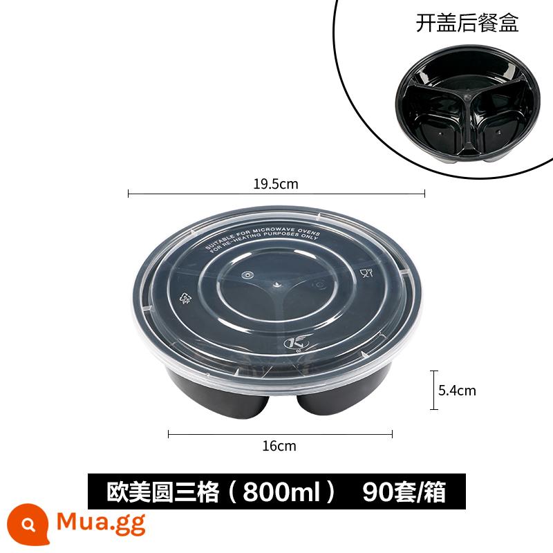 500/650/750Ml Hộp Cơm Trưa Hình Chữ Nhật Ba Ngăn Dùng Một Lần Giao Hàng Bao Bì Hộp Đen Trong Suốt Hộp Thức Ăn Nhanh - Bộ 90 lưới tròn ba lưới châu Âu và Mỹ màu đen