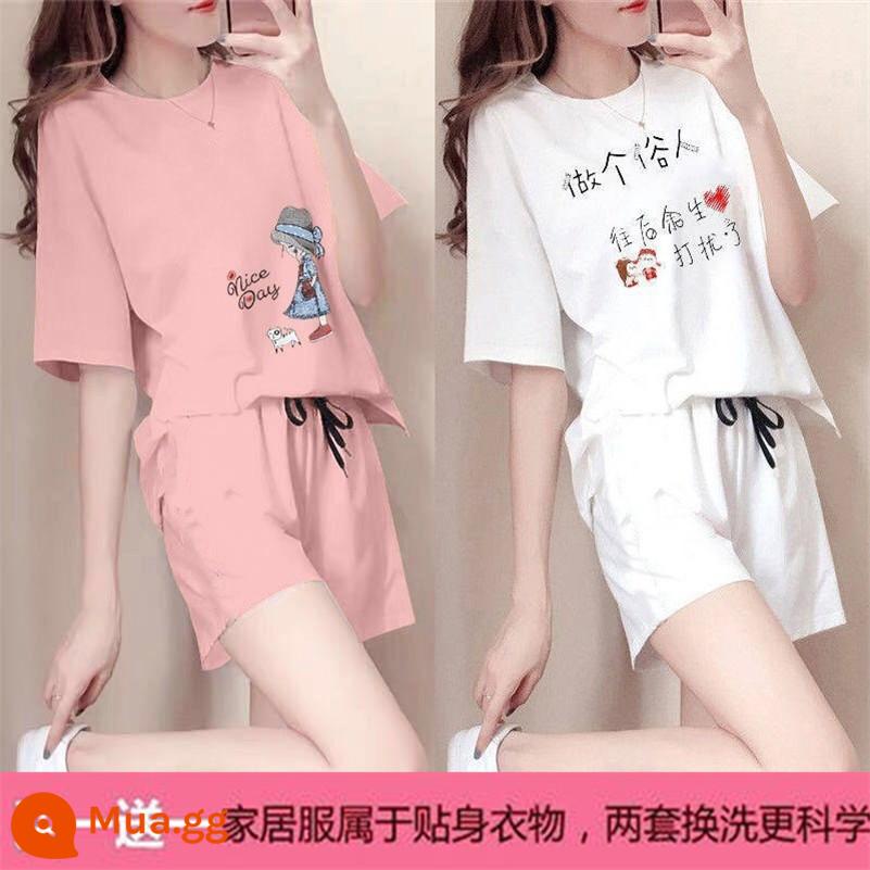 Mùa hè 2021 mới cotton áo thun ngắn tay nữ + quần short giản dị bộ đồ thể thao học sinh lưới đỏ bạn gái 2 bộ - X công chúa hồng + cư sĩ trắng