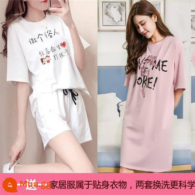 Mùa hè 2021 mới cotton áo thun ngắn tay nữ + quần short giản dị bộ đồ thể thao học sinh lưới đỏ bạn gái 2 bộ - X Layman trắng + váy đôi da báo