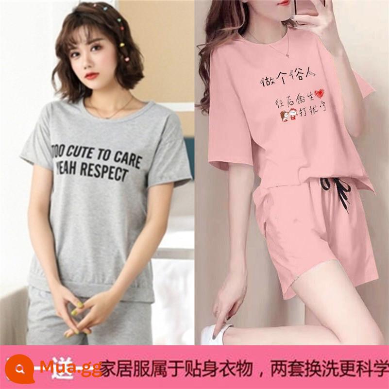 Mùa hè 2021 mới cotton áo thun ngắn tay nữ + quần short giản dị bộ đồ thể thao học sinh lưới đỏ bạn gái 2 bộ - Chữ X màu xám + người màu hồng thô tục