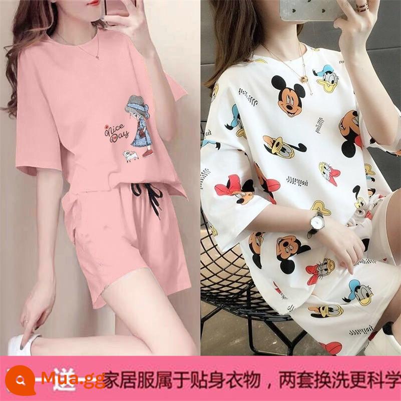 Mùa hè 2021 mới cotton áo thun ngắn tay nữ + quần short giản dị bộ đồ thể thao học sinh lưới đỏ bạn gái 2 bộ - X Công chúa hồng + Mickey trắng