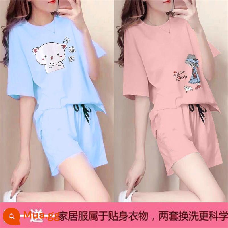 Mùa hè 2021 mới cotton áo thun ngắn tay nữ + quần short giản dị bộ đồ thể thao học sinh lưới đỏ bạn gái 2 bộ - X Tổ tiên xanh + Công chúa hồng