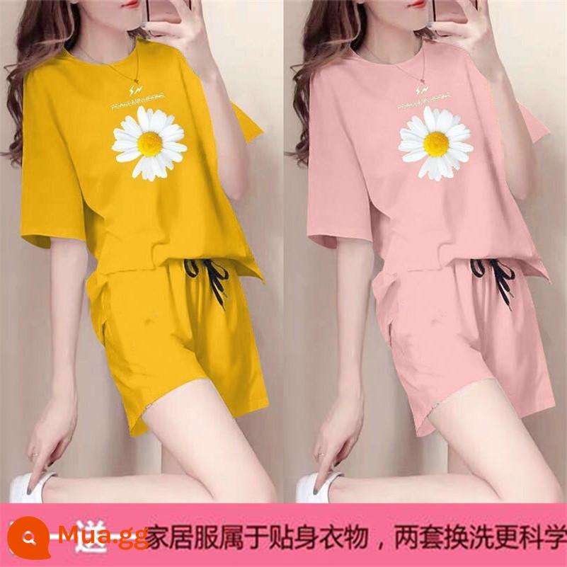 Mùa hè 2021 mới cotton áo thun ngắn tay nữ + quần short giản dị bộ đồ thể thao học sinh lưới đỏ bạn gái 2 bộ - Cúc Xvàng + cúc hồng