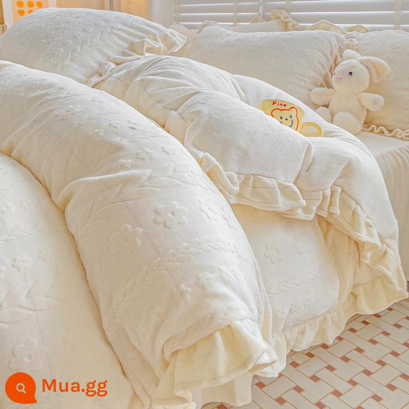 Bed Bed váy sữa Velvet Bốn bộ mền nhung san hô đôi Falerlan cộng với nhung ba giường nhóm - R nhung lá trắng