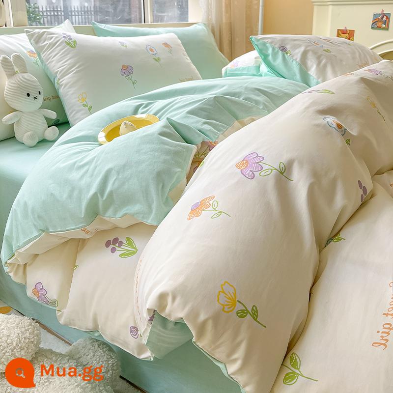 Ins Giường Bộ 4 Cotton Nguyên Chất 100 Mục Vụ Giường Phong Cách Chăn Ga Gối 3 Lưới Đỏ Ký Túc Xá giường Bộ Chăn Ga Gối - M Ting Hua MZX [Cotton thoải mái và thoáng khí]