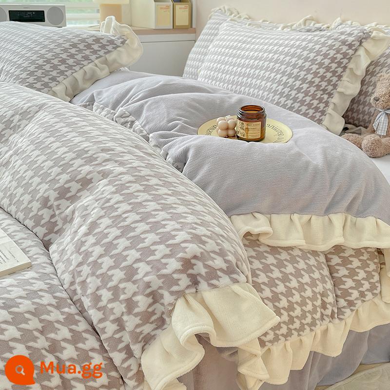 Bed Bed váy sữa Velvet Bốn bộ mền nhung san hô đôi Falerlan cộng với nhung ba giường nhóm - R Nhung Houndstooth Xám